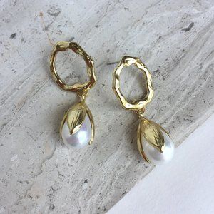 Gold Hoop Pearl Dangle — Post Earrings